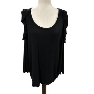 NEW NWT Chaser Black Cold Shoulder Ruffle Sleeve Poly Blend Top Size L